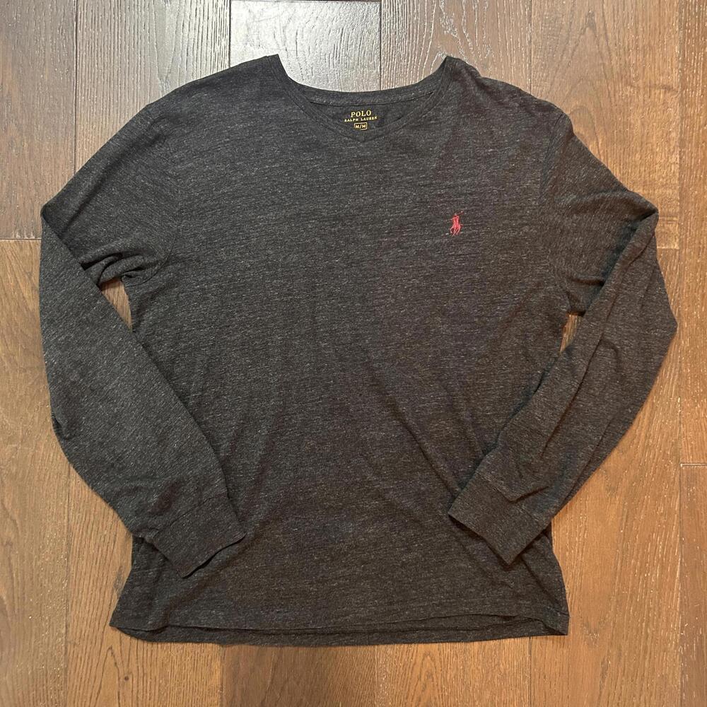 Polo Ralph Lauren Men's Long Sleeve V-Neck Gray Shirt Size Medium 100% Cotton
